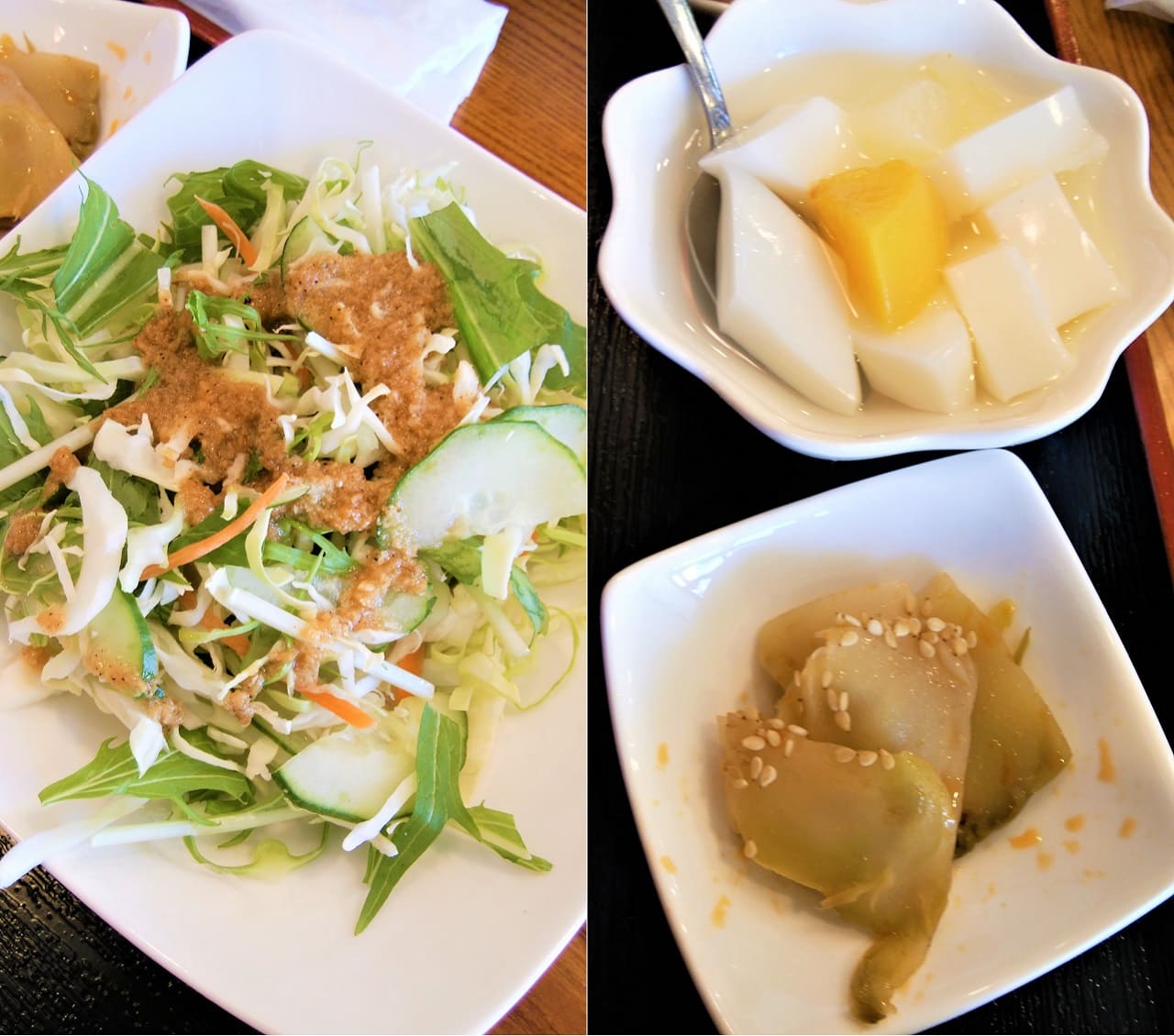 定食のサラダと搾菜と杏仁豆腐